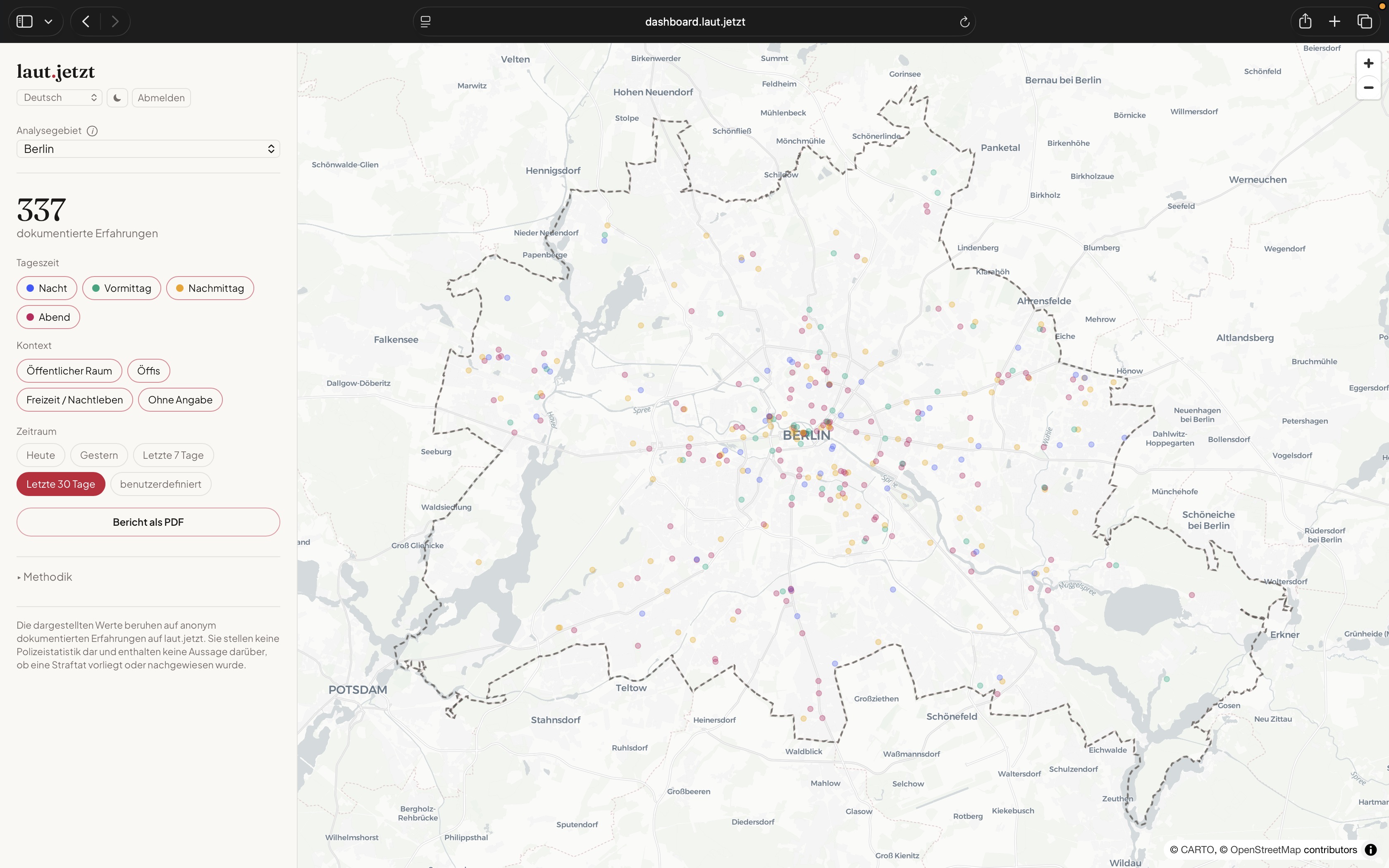 laut.jetzt Dashboard: Analysegebiet Berlin mit 337 anonym dokumentierten Erfahrungen auf einer aggregierten Karte