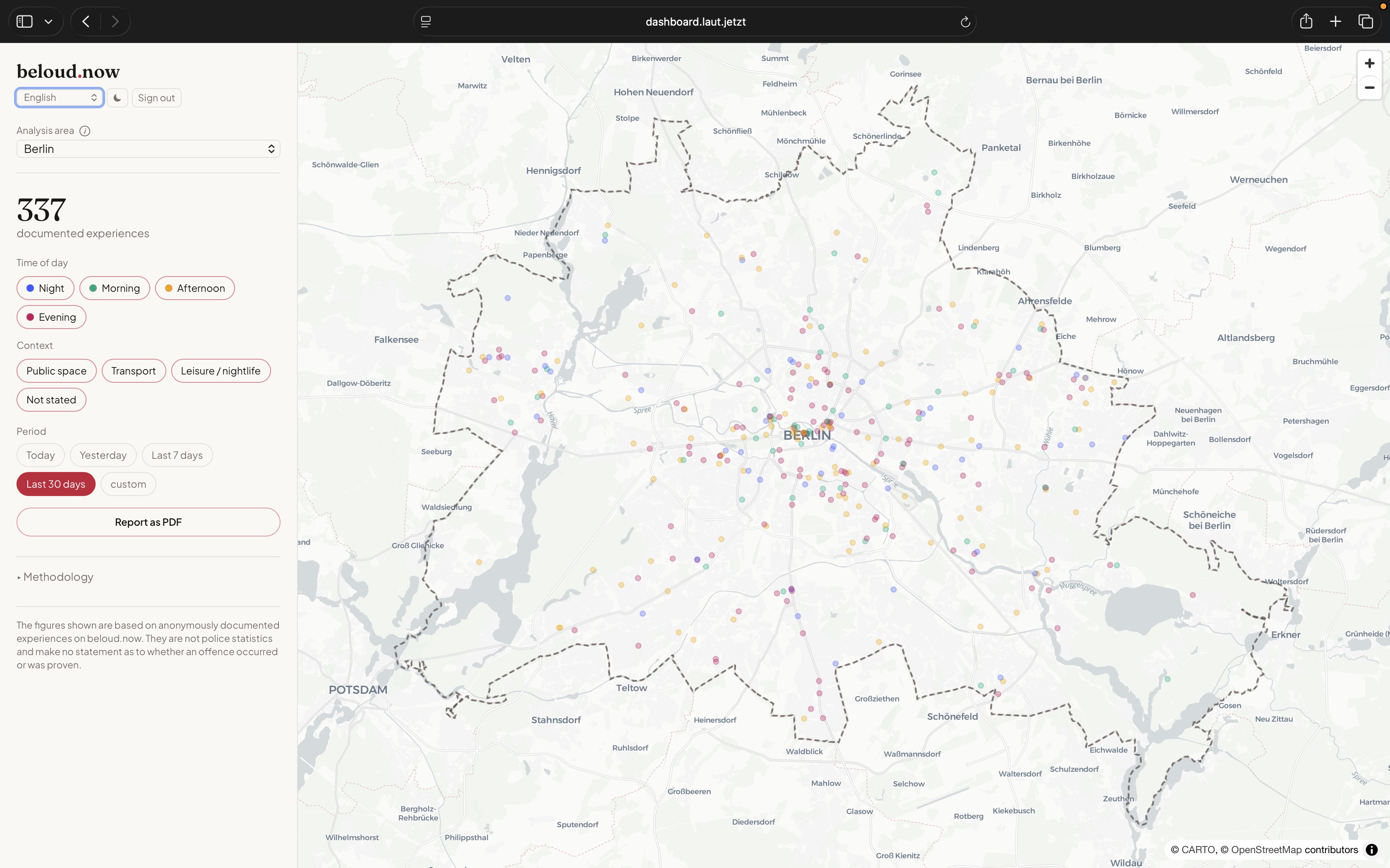 beloud.now dashboard: Berlin analysis area with anonymously documented experiences